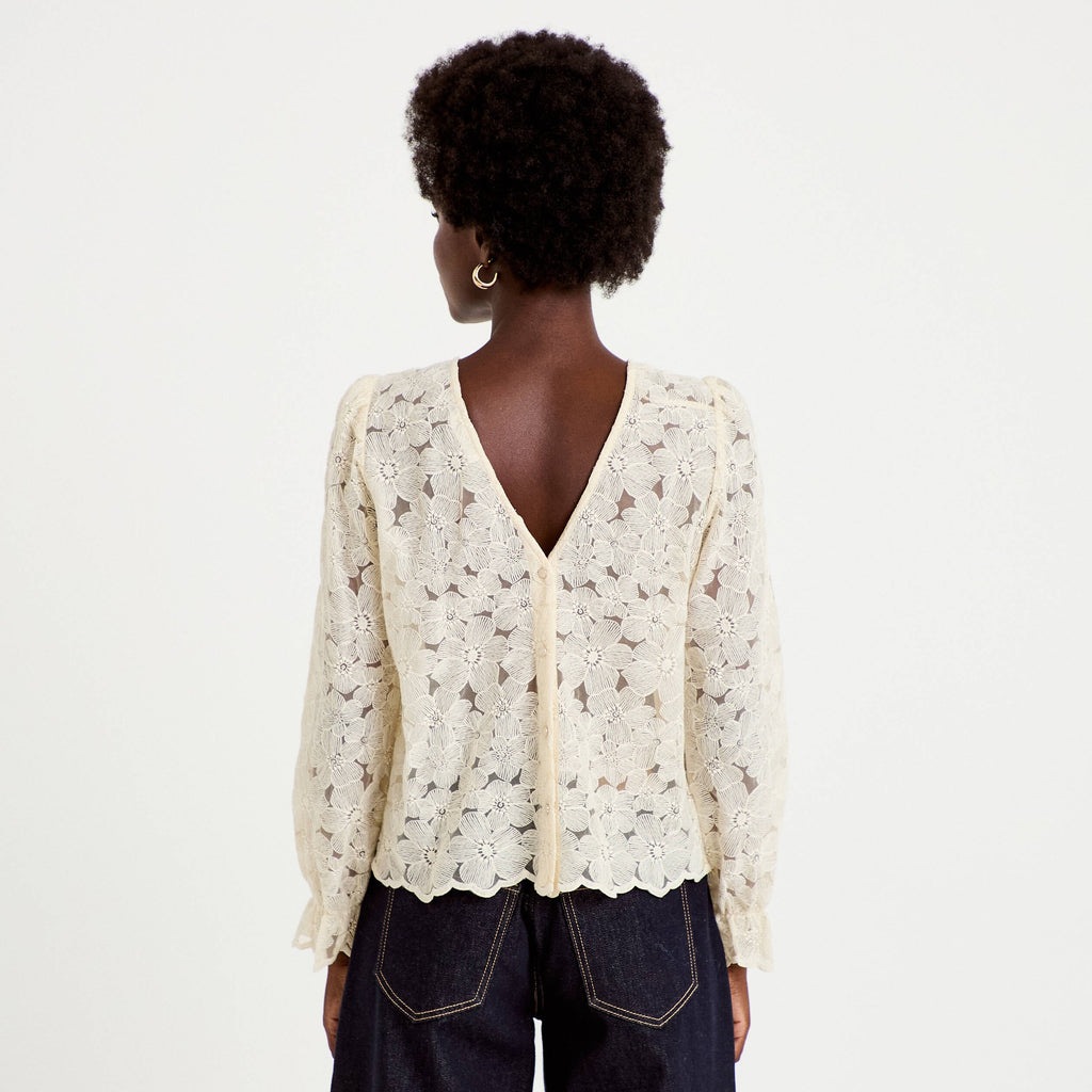 Straight Cut V-Neck Lace Blouse in Ecru, view 2