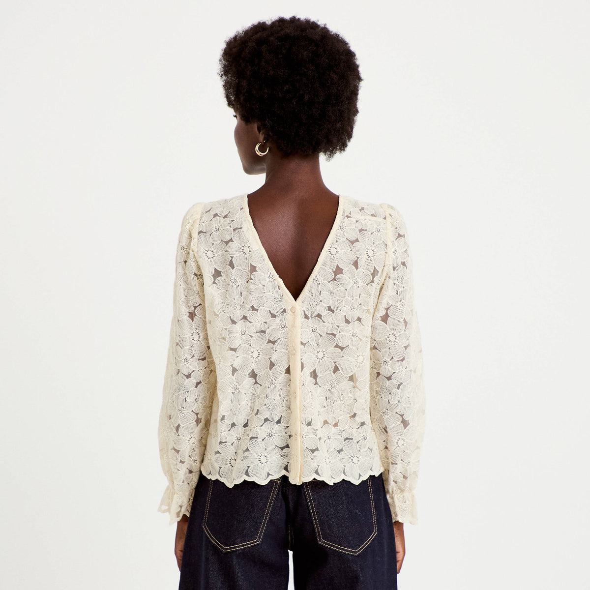 Straight Cut V-Neck Lace Blouse in Ecru, view 2