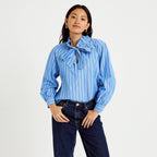 Relaxed Stand Collar Long Sleeve Blouse in Blue, view 1