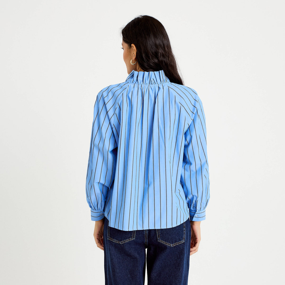 Relaxed Stand Collar Long Sleeve Blouse in Blue, view 2