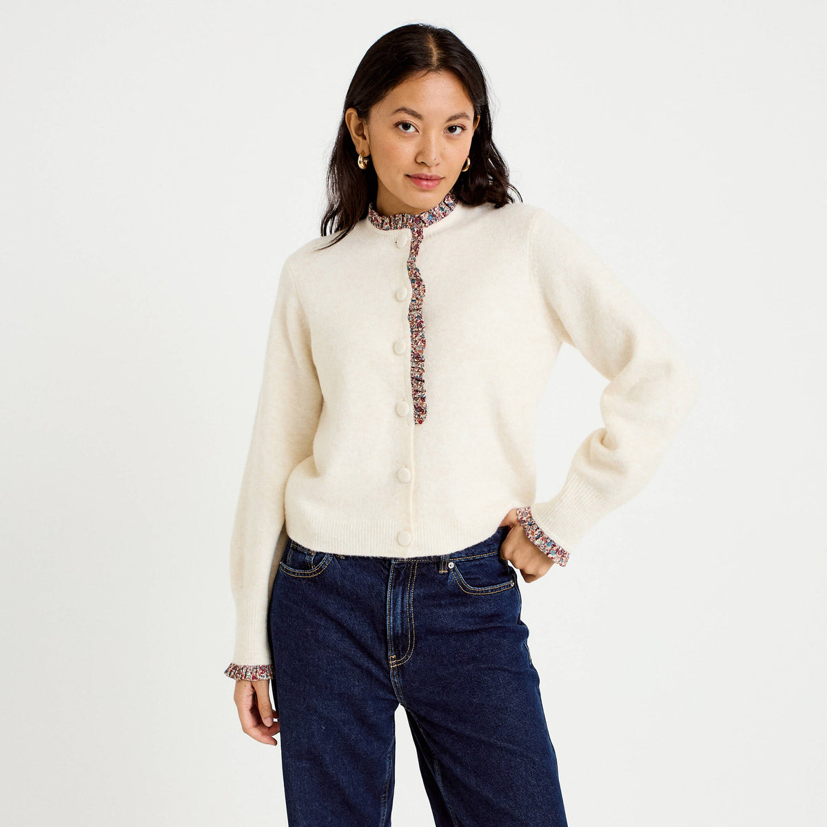 Crew Neck Long Sleeve Cardigan in Ecru, view 1