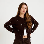 Embroidered Crew Neck Long Sleeve Cardigan in Dark Brown, view 1
