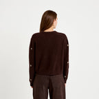 Embroidered Crew Neck Long Sleeve Cardigan in Dark Brown, view 2