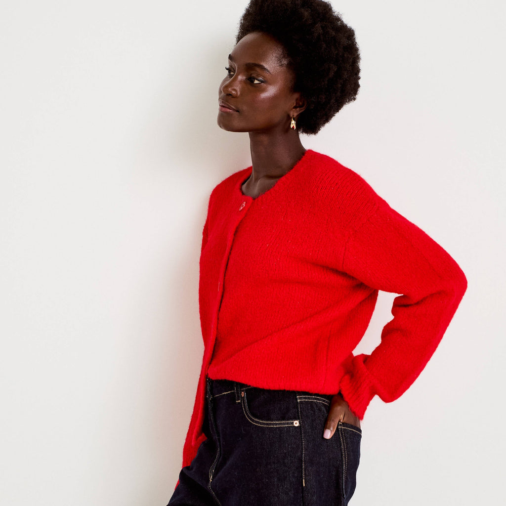 Relaxed Crew Neck Long Sleeve Cardigan in Red, view 1