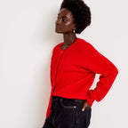 Relaxed Crew Neck Long Sleeve Cardigan in Red, view 1