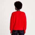 Relaxed Crew Neck Long Sleeve Cardigan in Red, view 2