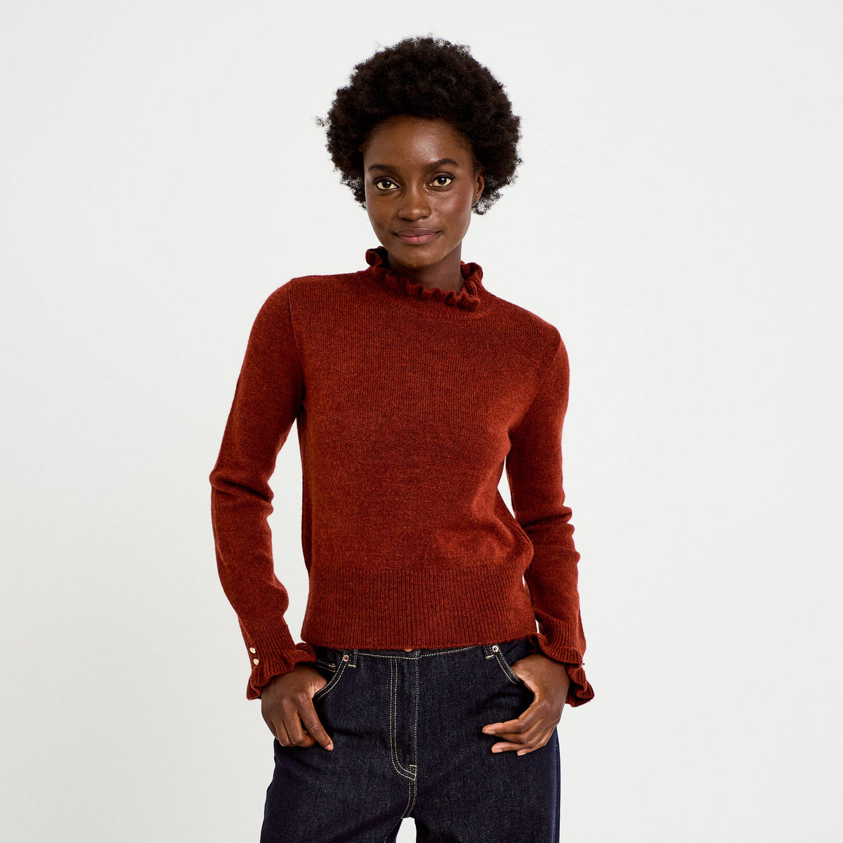 Fitted Stand Collar Long Sleeve Sweater in Cognac Brown, view 1