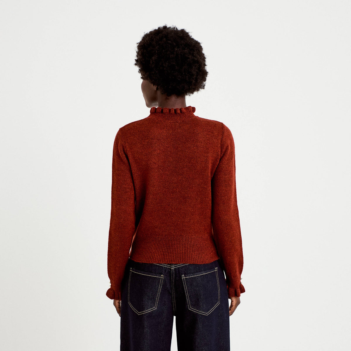 Fitted Stand Collar Long Sleeve Sweater in Cognac Brown, view 2