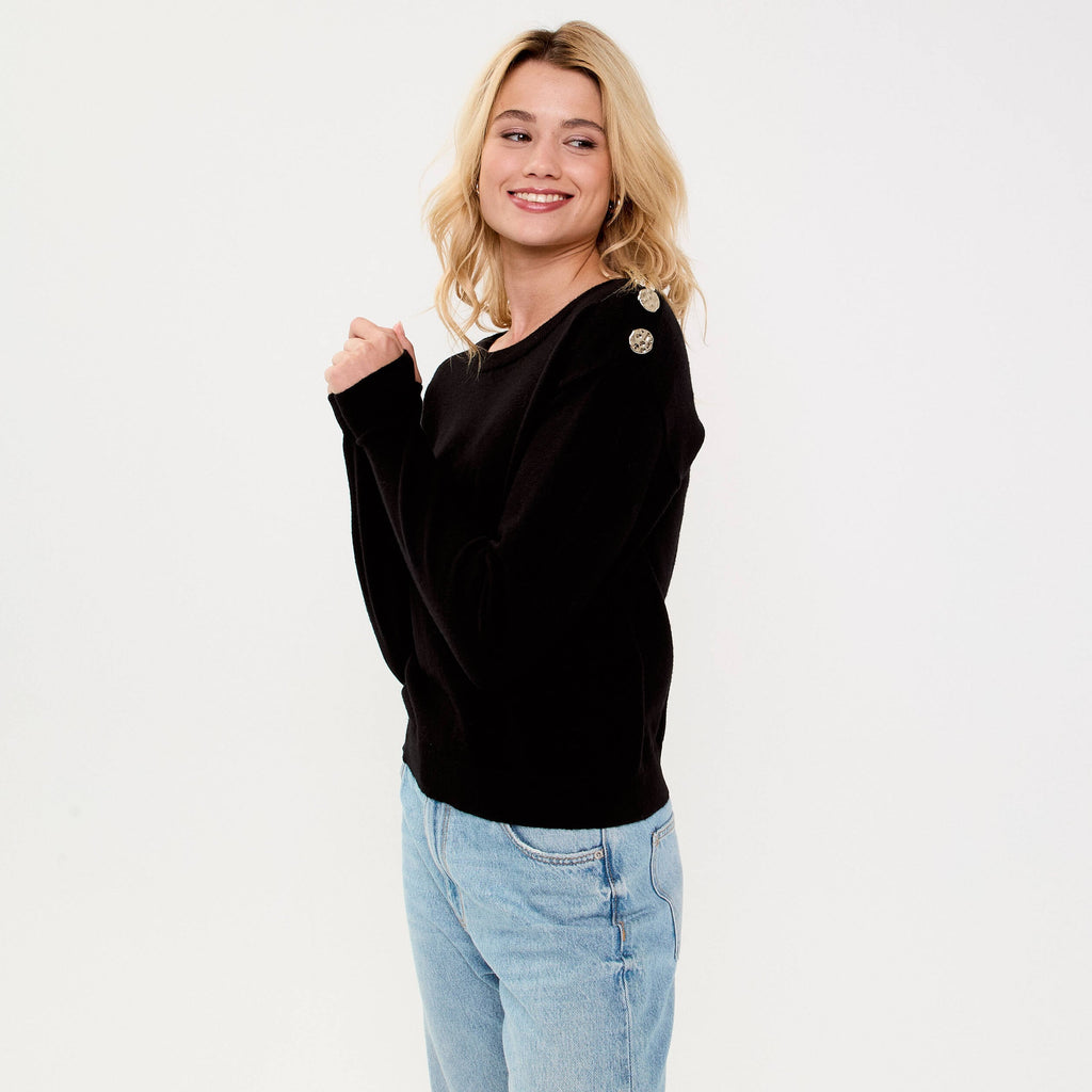 Fine Knit Crew Neck Long Sleeve Sweater in Black, view 1