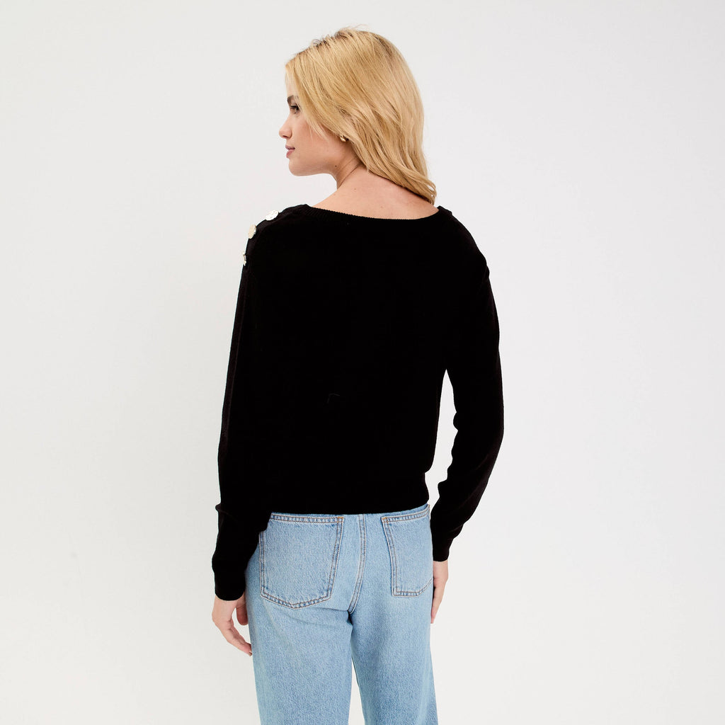Fine Knit Crew Neck Long Sleeve Sweater in Black, view 2