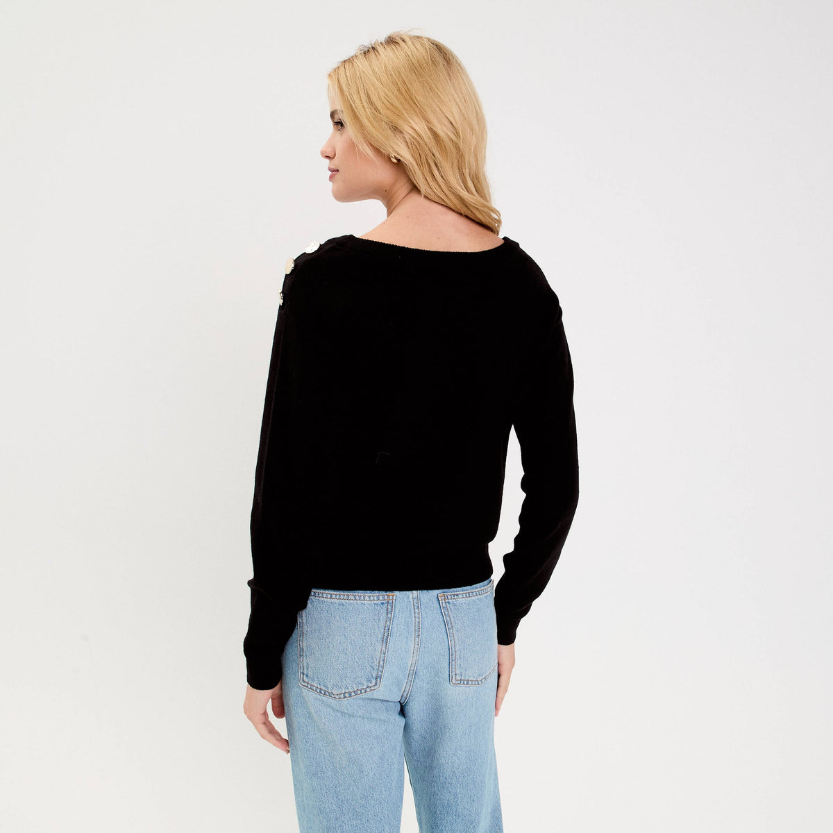 Fine Knit Crew Neck Long Sleeve Sweater in Black, view 2