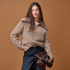 Long Sleeve Zip Neck Sweater in Beige, view 1