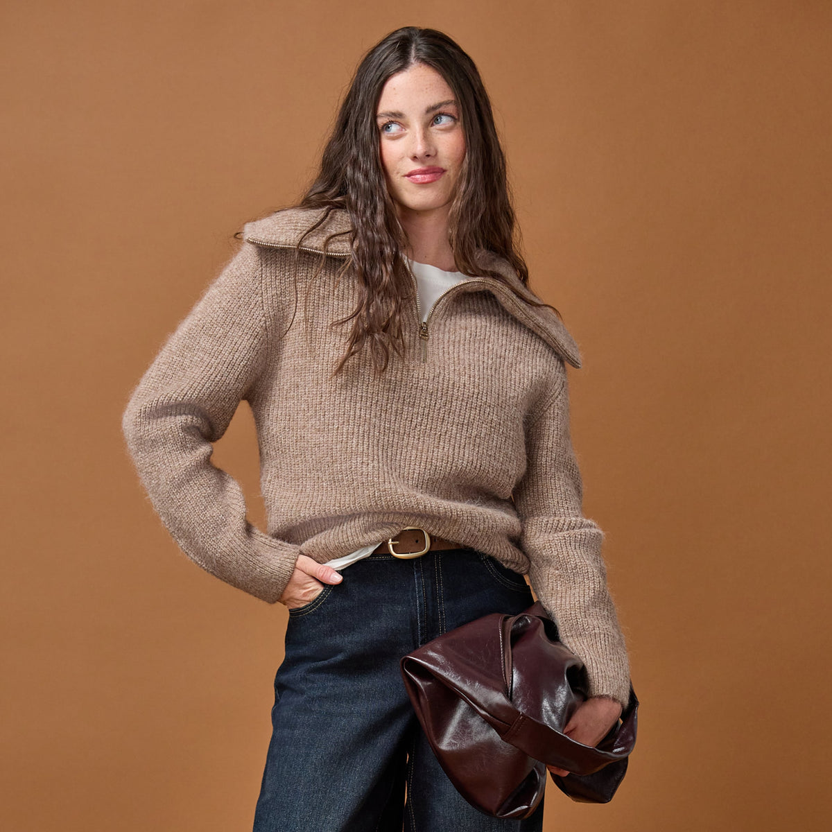 Long Sleeve Zip Neck Sweater in Beige, view 1
