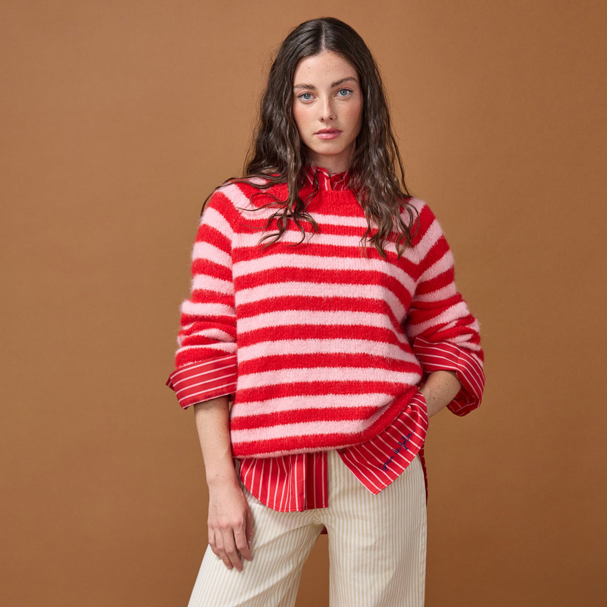 Relaxed Crew Neck Long Sleeve Sweater in Red, view 1