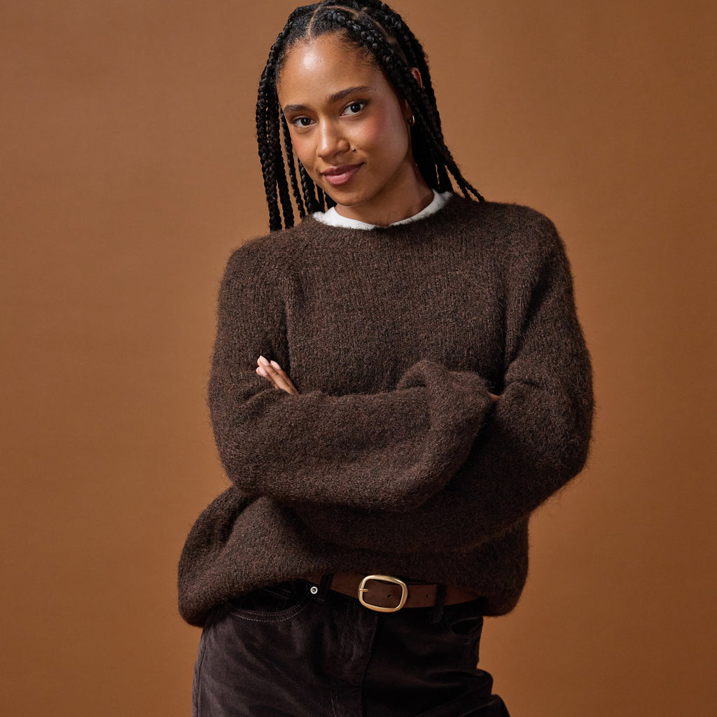 Relaxed Crew Neck Long Sleeve Sweater in Dark Brown, view 1