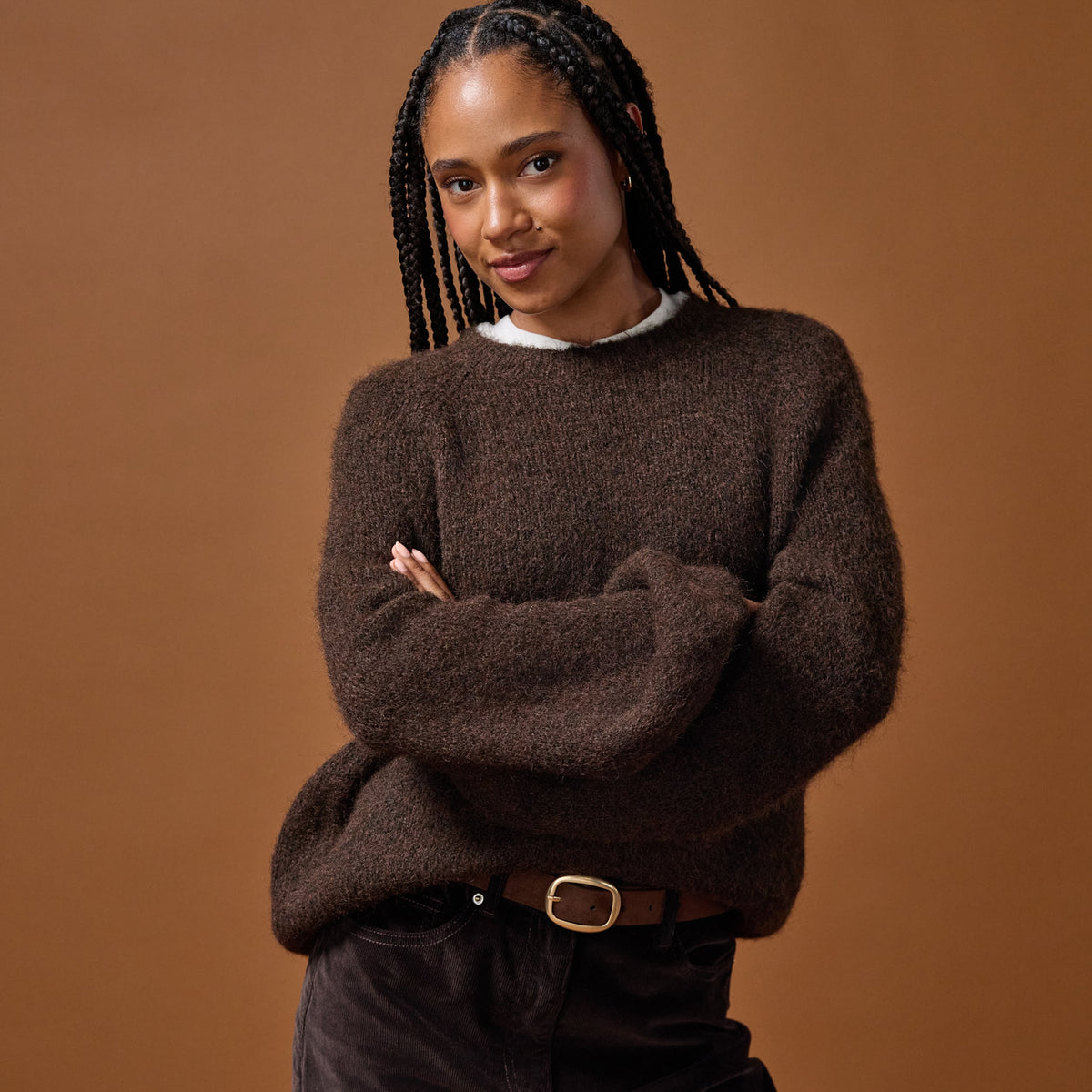 Relaxed Crew Neck Long Sleeve Sweater in Dark Brown, view 1
