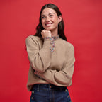 Crew Neck Long Sleeve Sweater in Beige, view 1