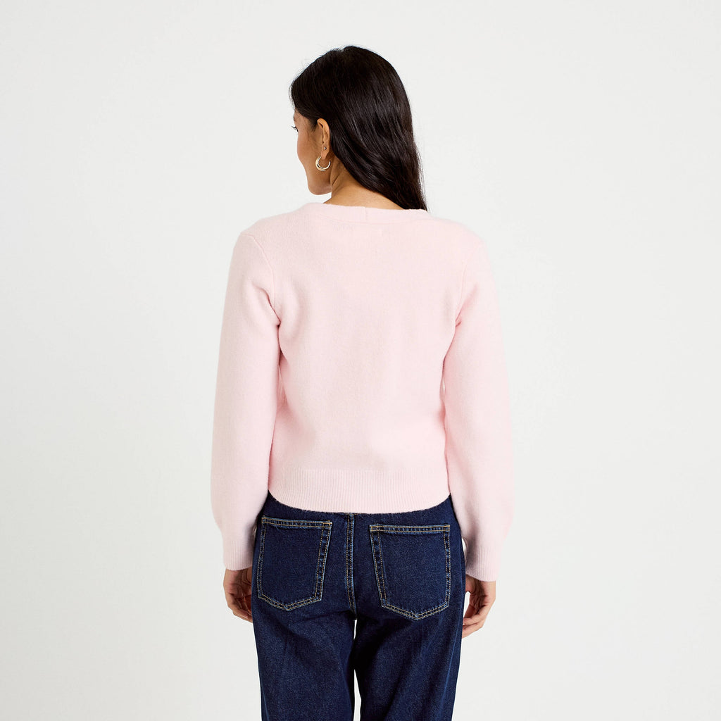 Embroidered V-Neck Long Sleeve Cardigan in Light Pink, view 2
