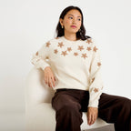 Oversized Embroidered Long Sleeve Sweater in Ecru, view 1