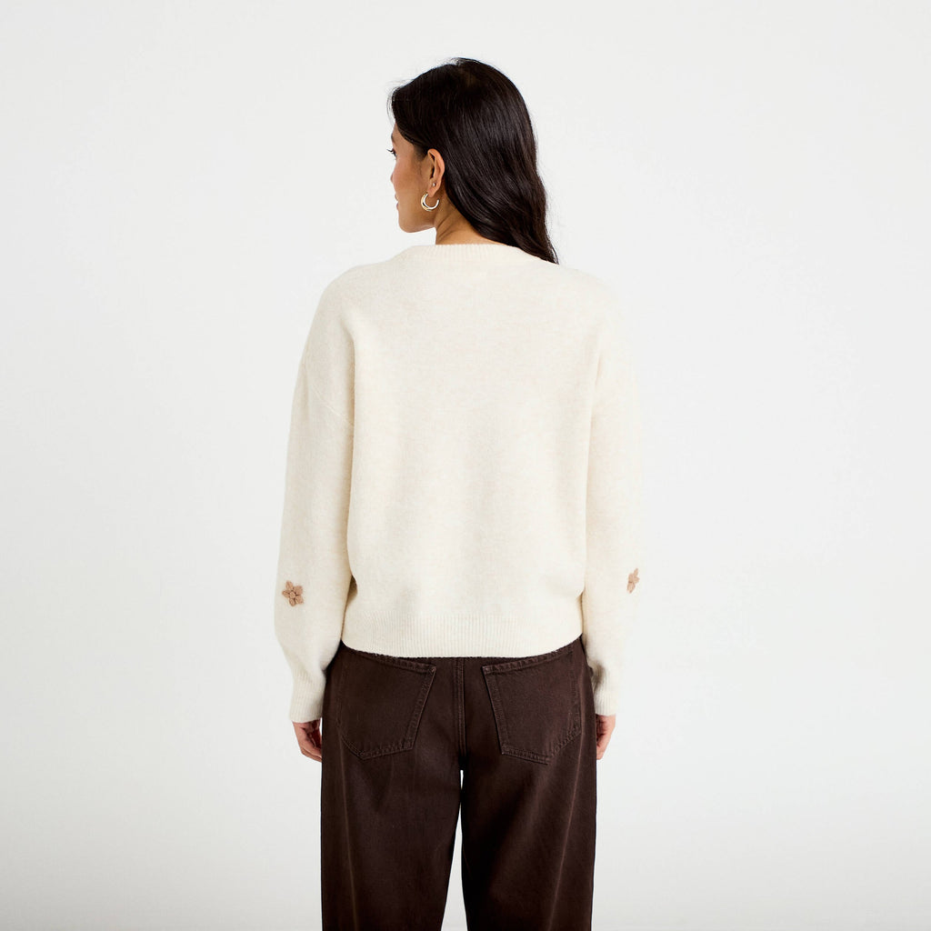 Oversized Embroidered Long Sleeve Sweater in Ecru, view 2