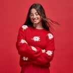 Relaxed Crew Neck Long Sleeve Sweater in Red, view 1