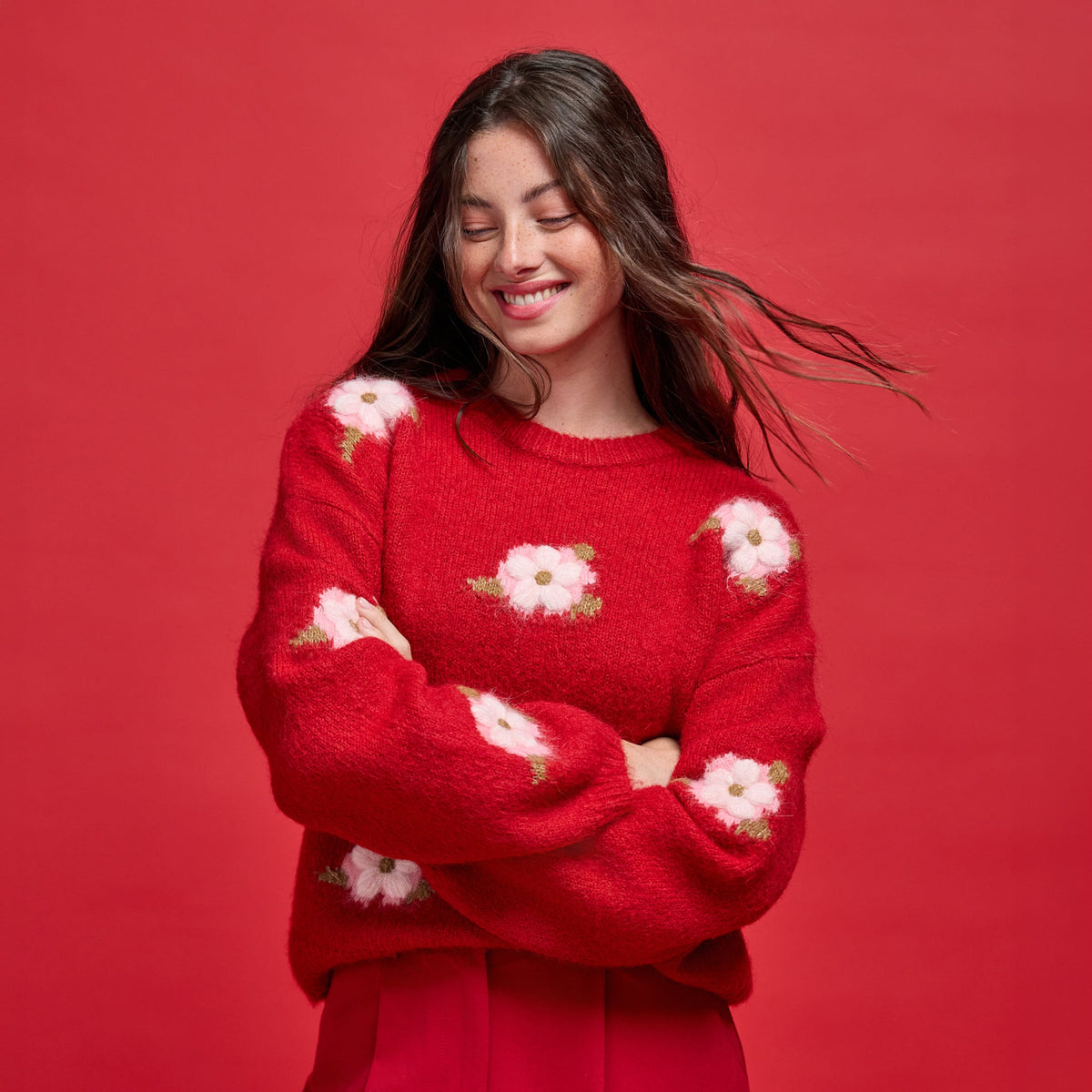 Relaxed Crew Neck Long Sleeve Sweater in Red, view 1