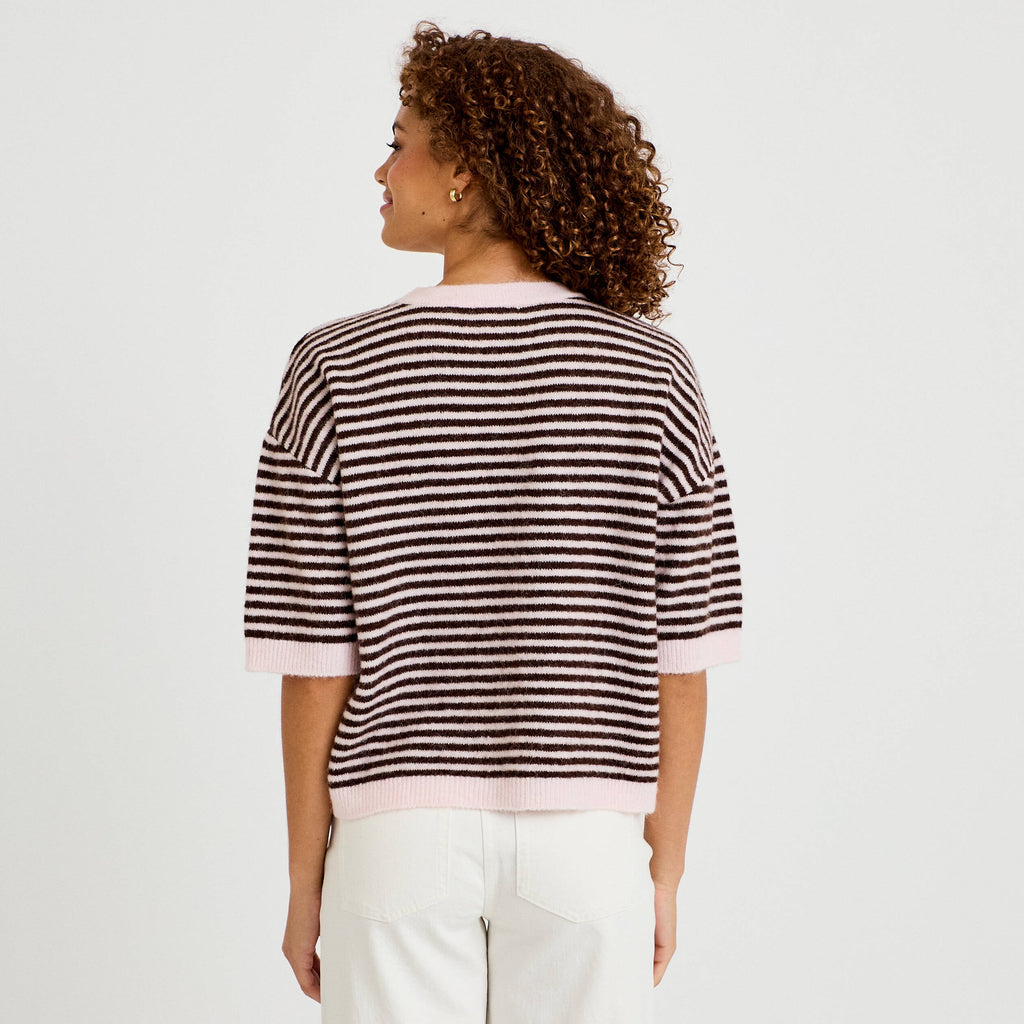 Relaxed Fluffy Short Sleeve Sweater in Light Pink, view 2