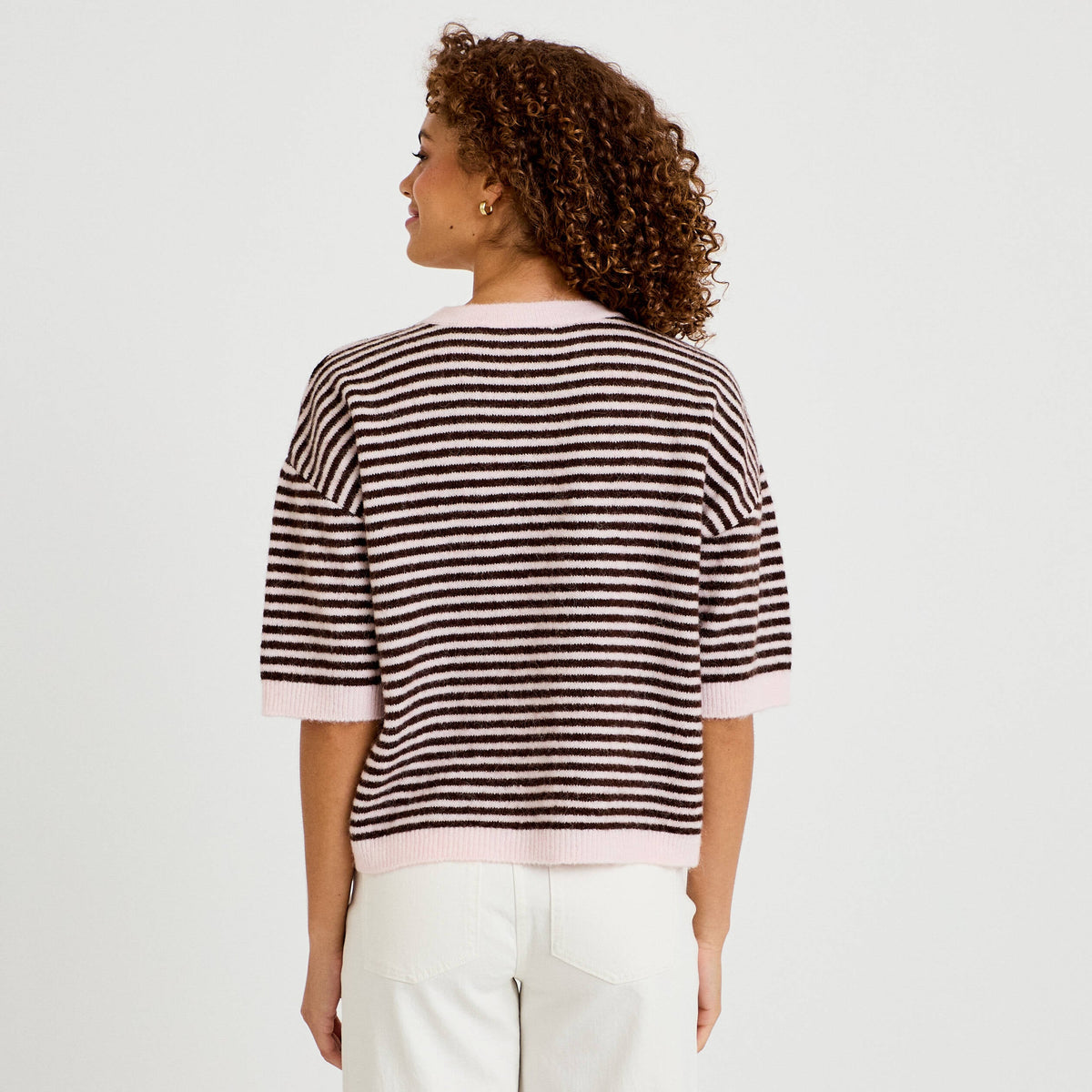 Relaxed Fluffy Short Sleeve Sweater in Light Pink, view 2