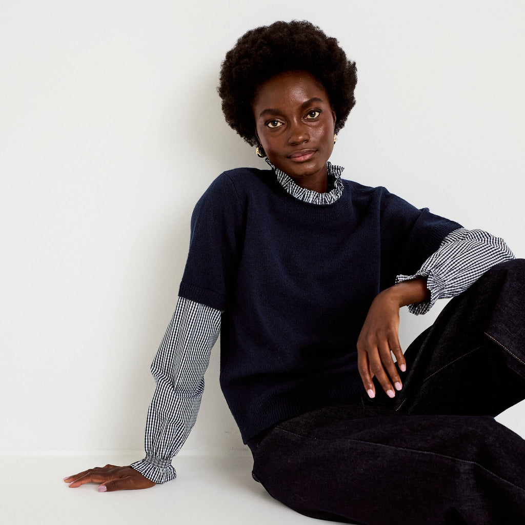 Gingham Crew Neck Long Sleeve Sweater in Navy Blue, view 1