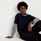Gingham Crew Neck Long Sleeve Sweater in Navy Blue, view 1