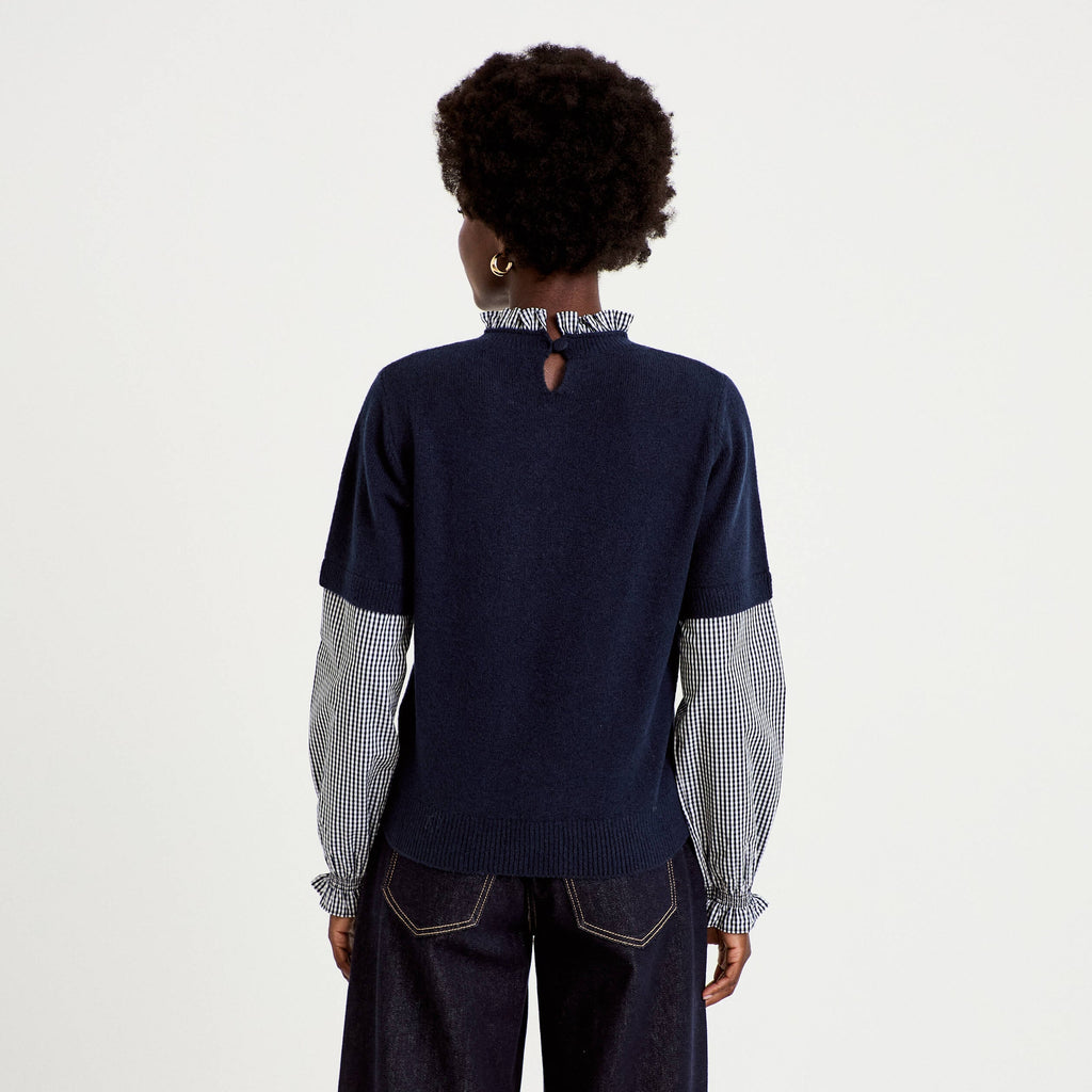 Gingham Crew Neck Long Sleeve Sweater in Navy Blue, view 2