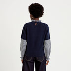 Gingham Crew Neck Long Sleeve Sweater in Navy Blue, view 2