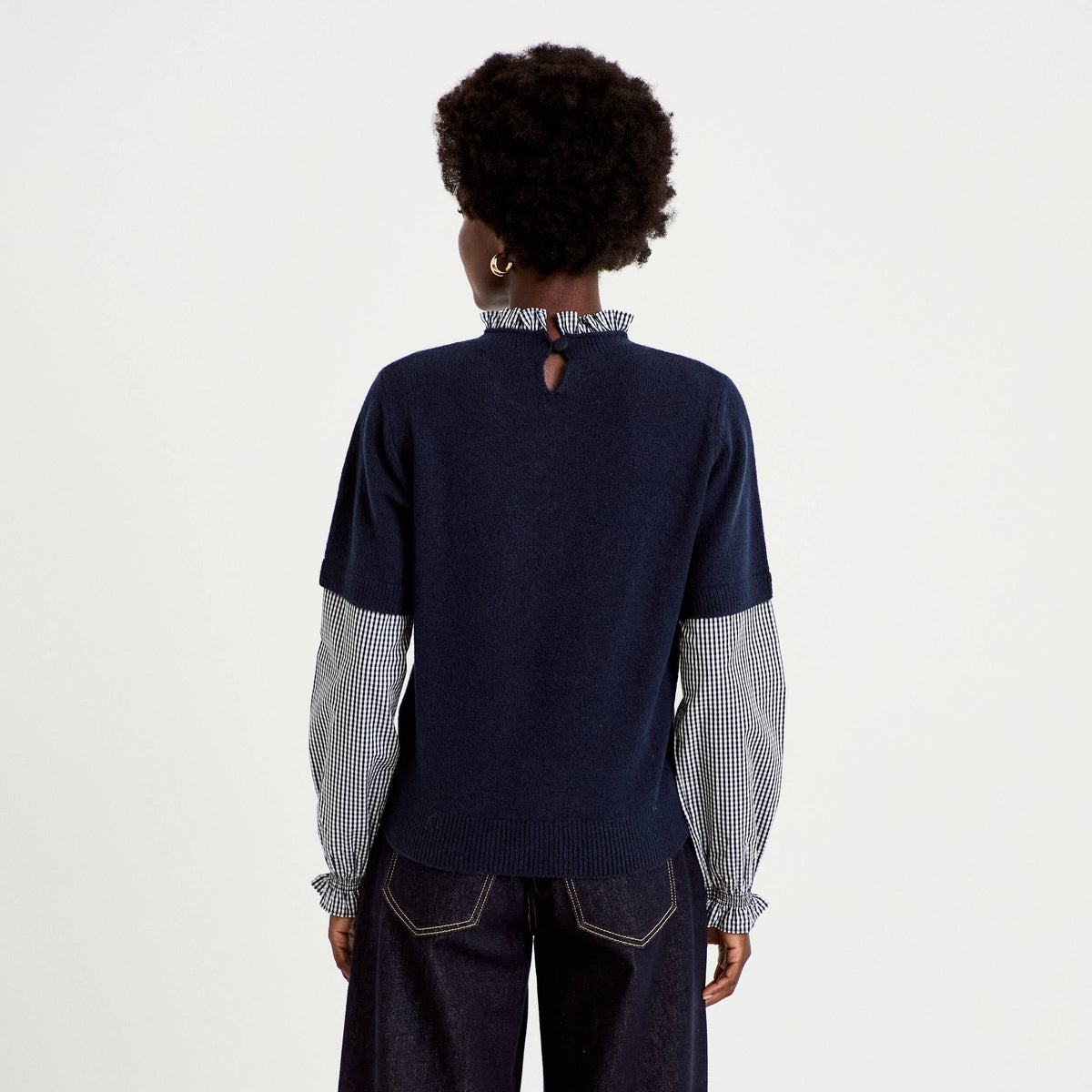 Gingham Crew Neck Long Sleeve Sweater in Navy Blue, view 2