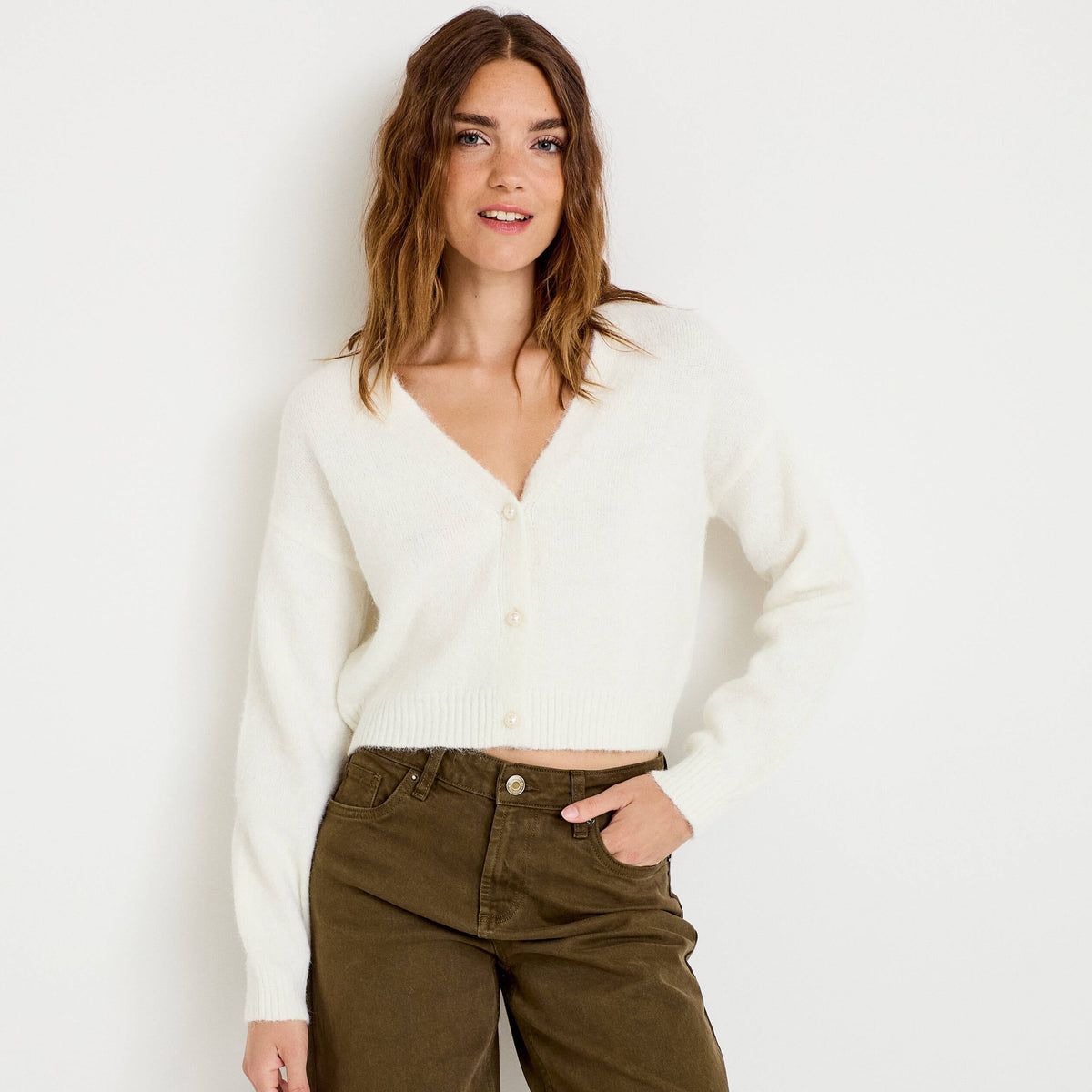 Cropped Fitted V-Neck Long Sleeve Cardigan in Ecru, view 1