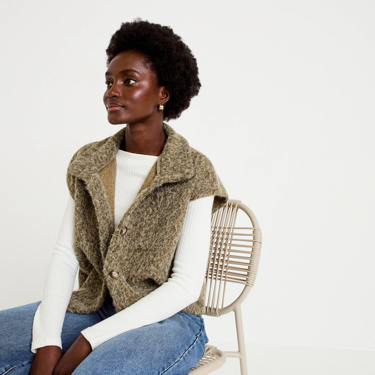 Sleeveless Stand Collar Jacket in Khaki Green, view 1