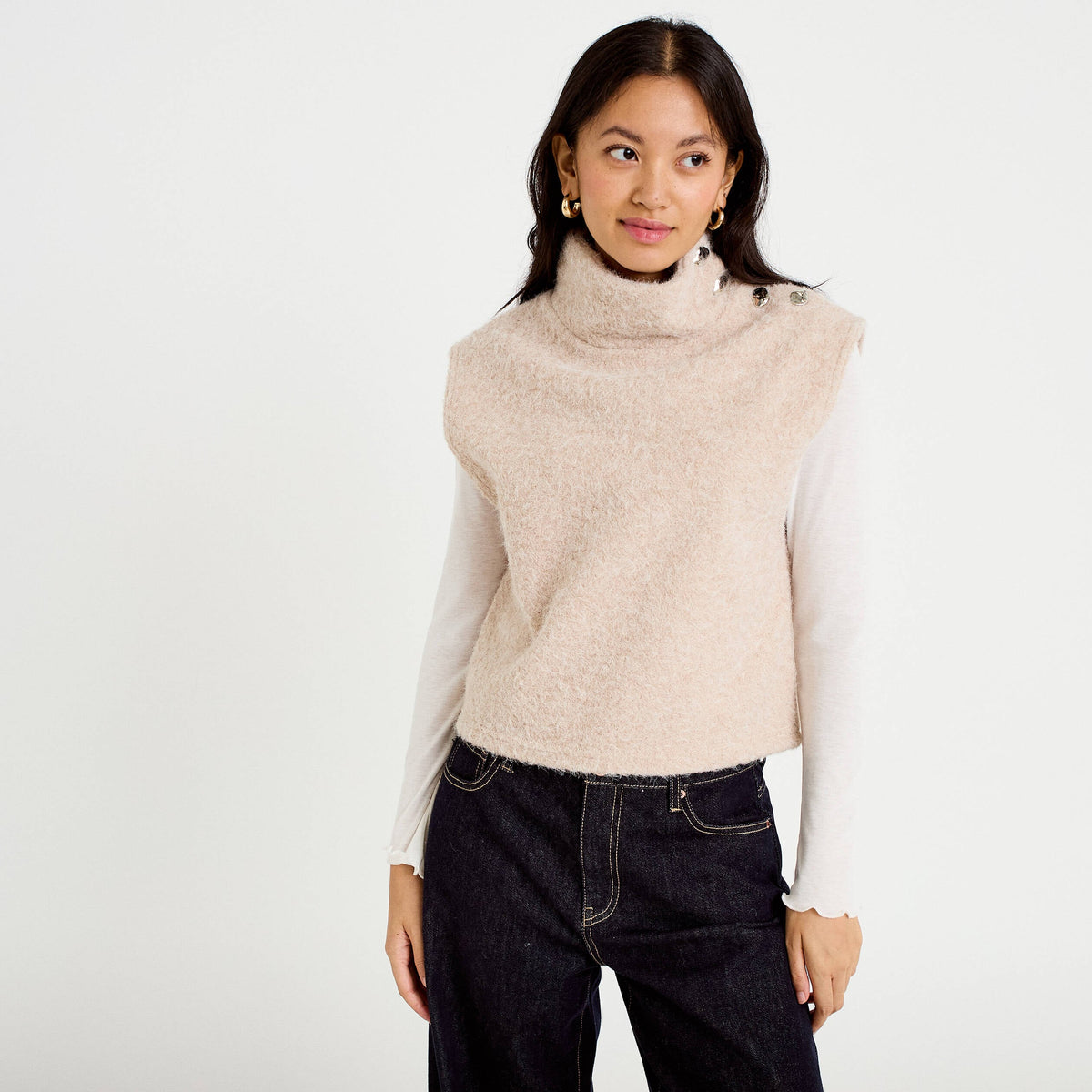 Straight Cut Sleeveless Stand Collar Sweater in Sand, view 1