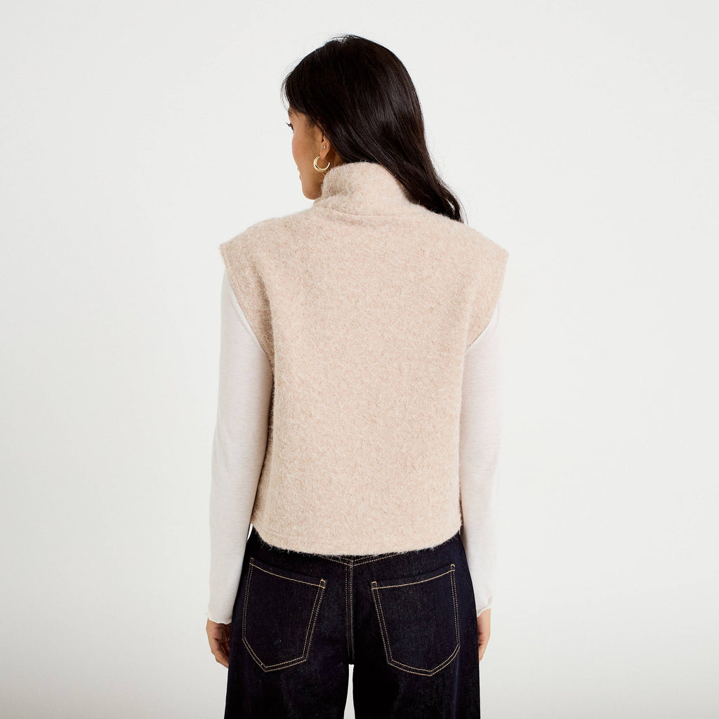 Straight Cut Sleeveless Stand Collar Sweater in Sand, view 2
