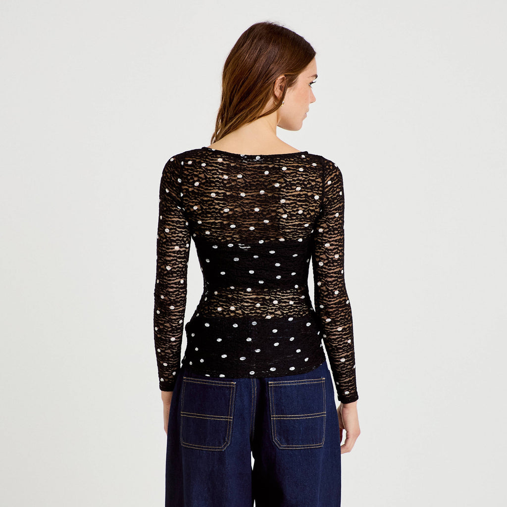 Pleated Lace Boat Neck Top in Black, view 2
