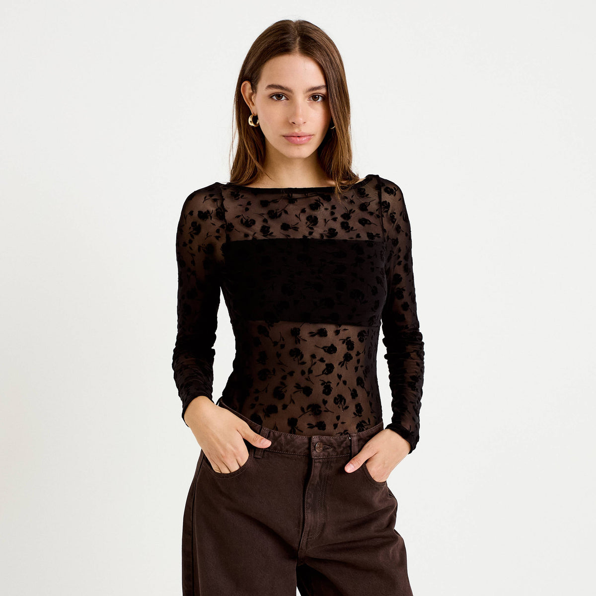Fitted Boat Neck Long Sleeve Bodysuit in Black, view 1