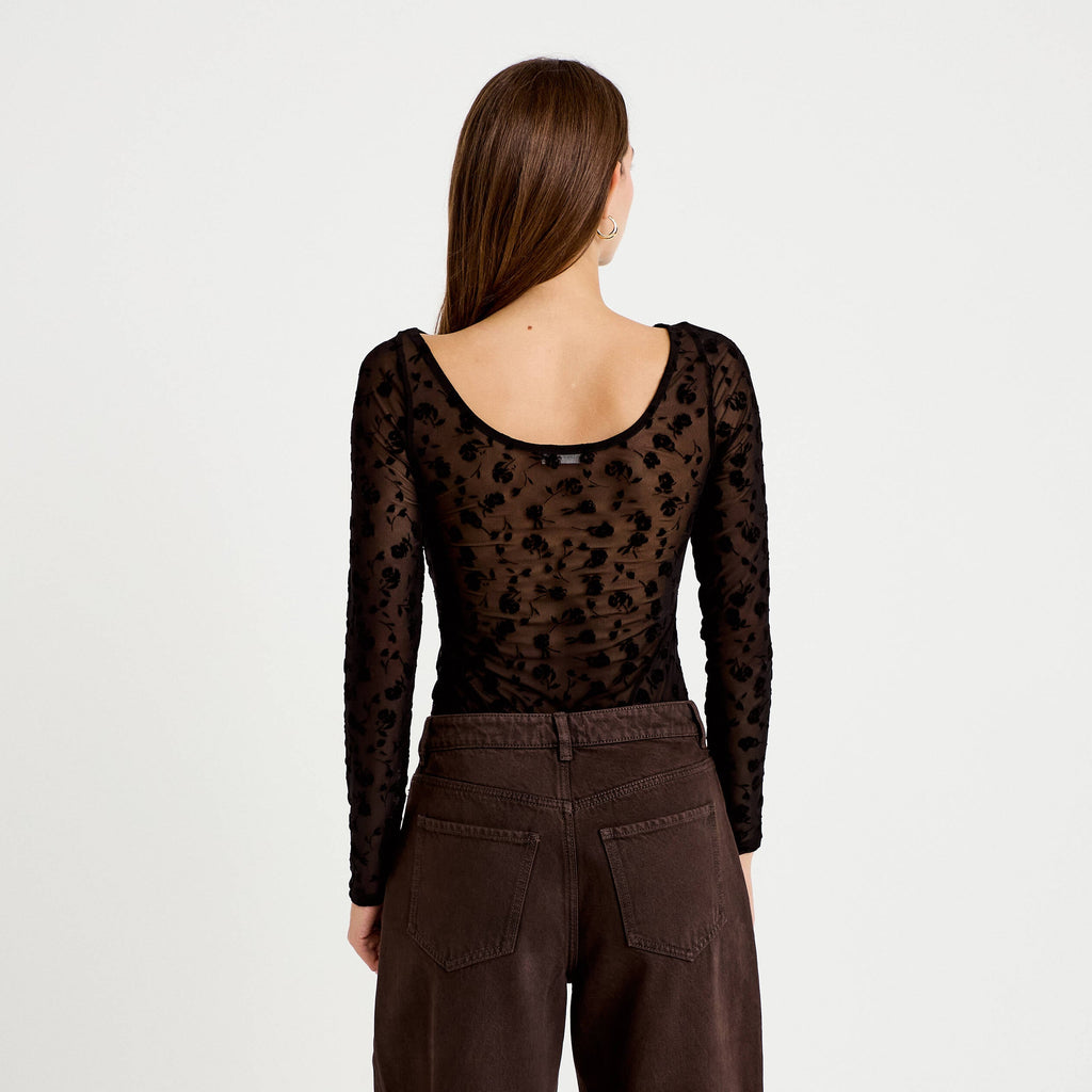 Fitted Boat Neck Long Sleeve Bodysuit in Black, view 2