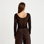 Fitted Boat Neck Long Sleeve Bodysuit in Black, view 2