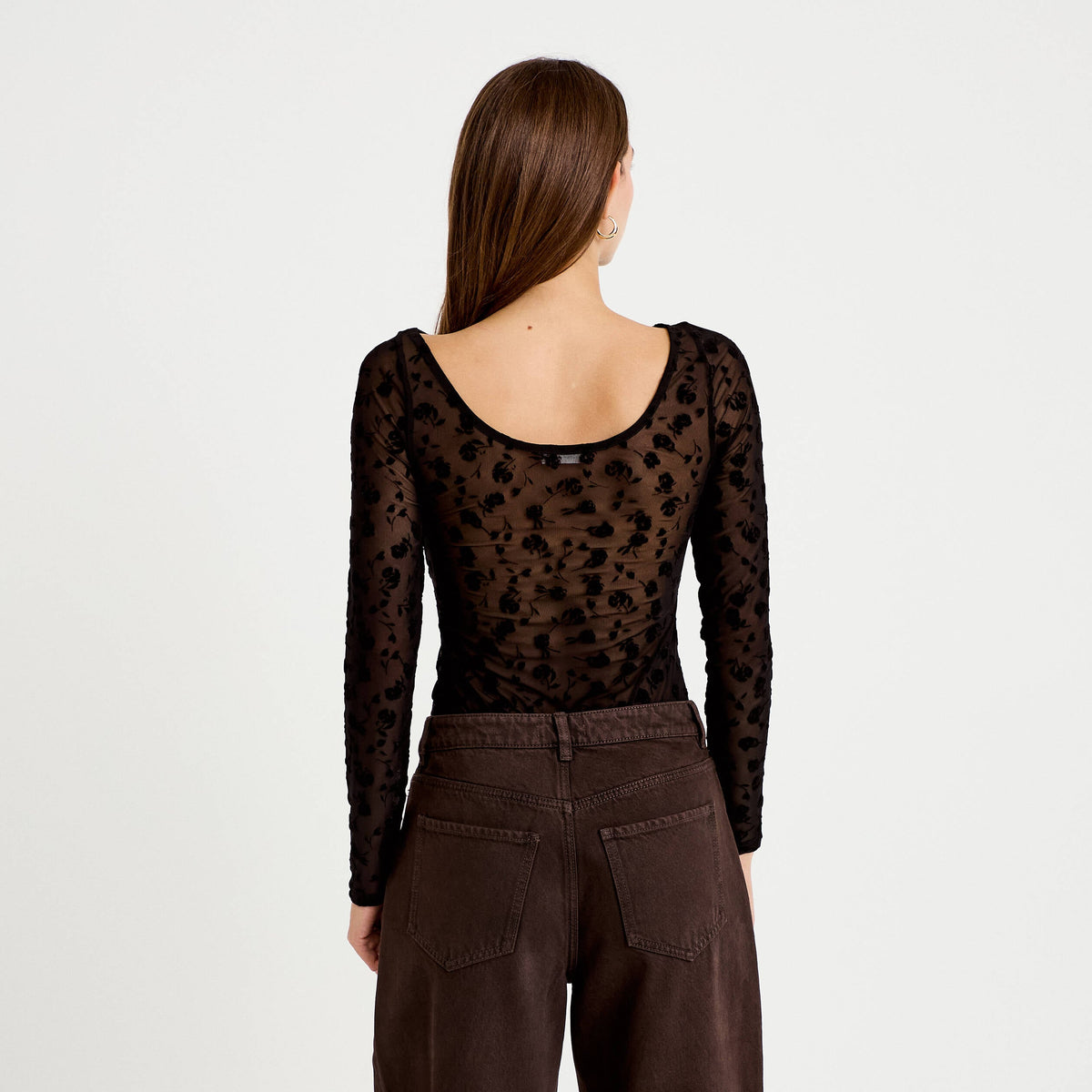 Fitted Boat Neck Long Sleeve Bodysuit in Black, view 2