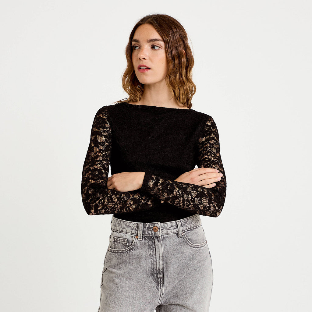 Fitted Boat Neck Lace Bodysuit in Black, view 1