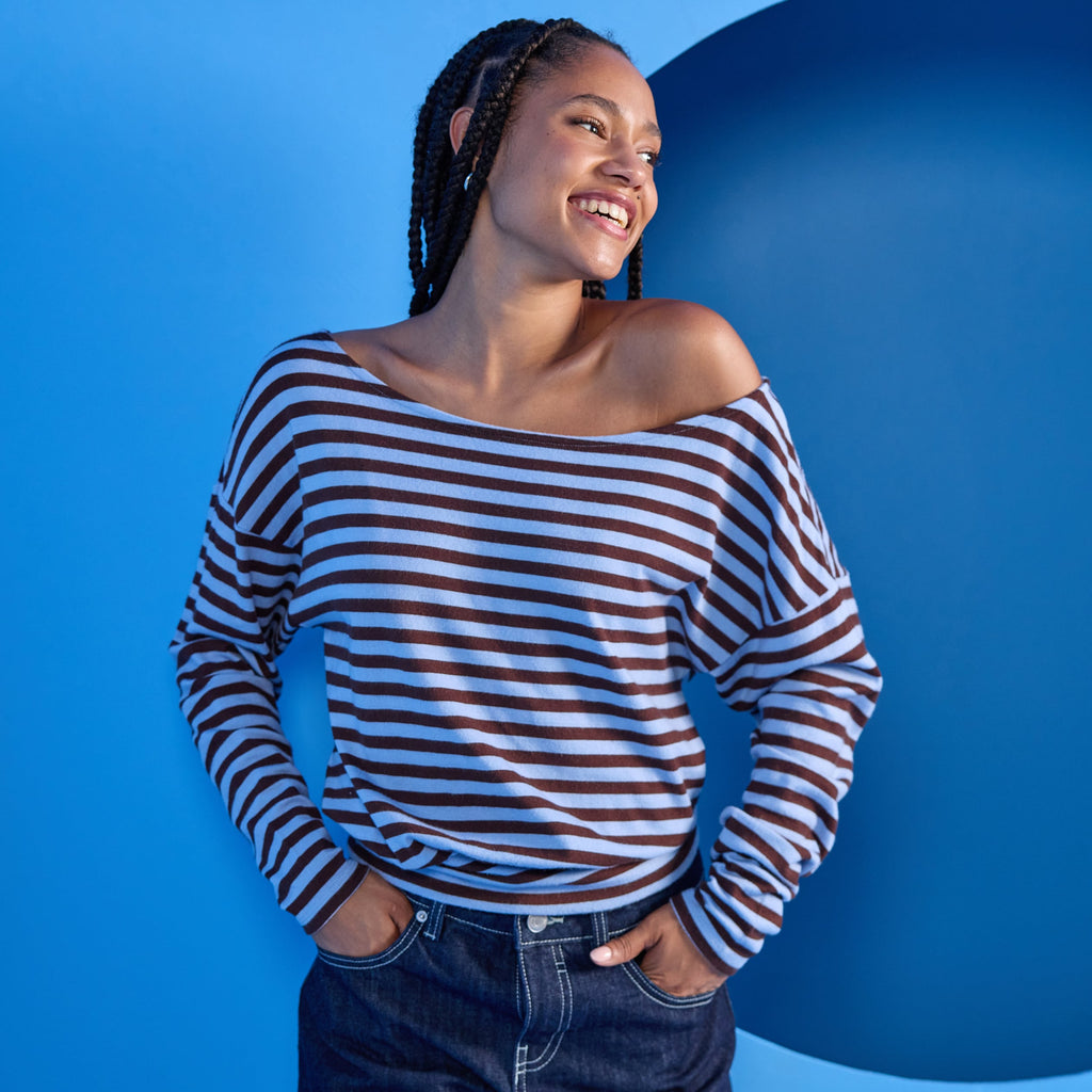 Boat Neck Long Sleeve Top in Blue, view 1