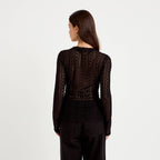 Fitted Stand Collar Lace Top in Black, view 2