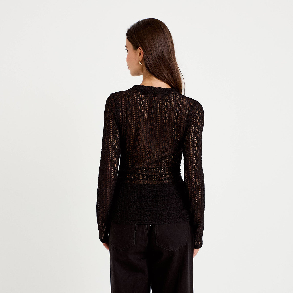 Fitted Stand Collar Lace Top in Black, view 2