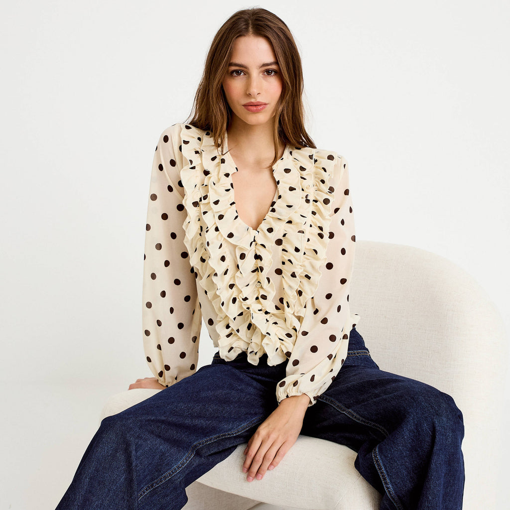 Straight Cut V-Neck Long Sleeve Blouse in White, view 1