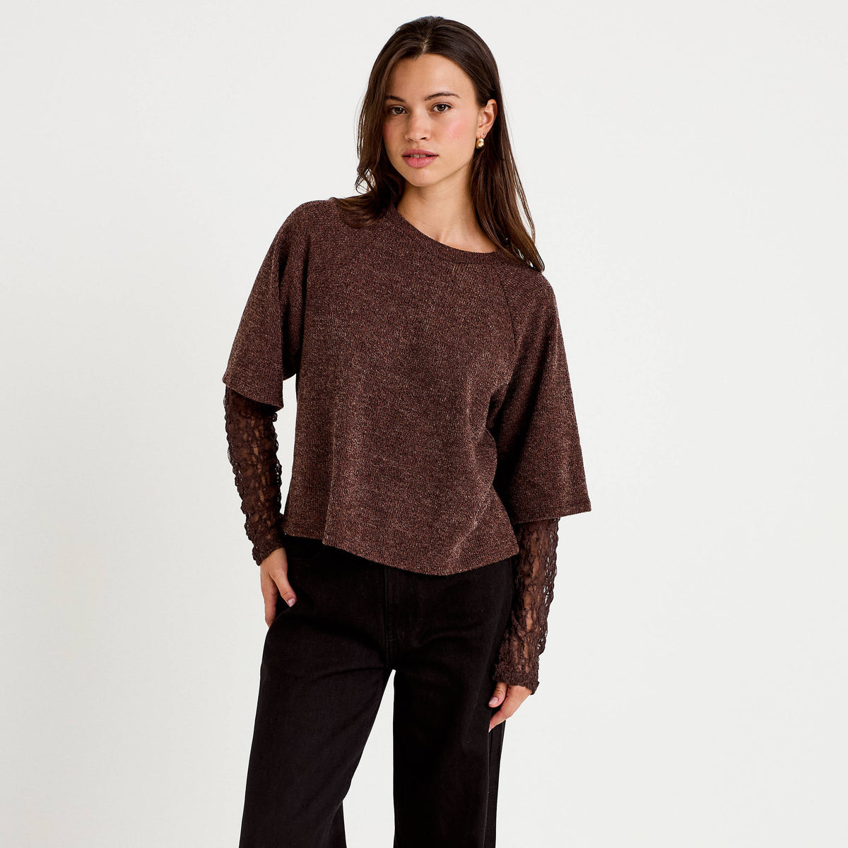 Mixed Fabric Crew Neck Lace Top in Dark Brown, view 1