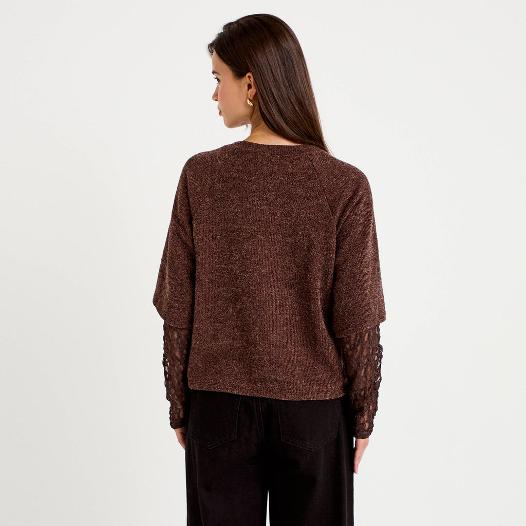 Mixed Fabric Crew Neck Lace Top in Dark Brown, view 2