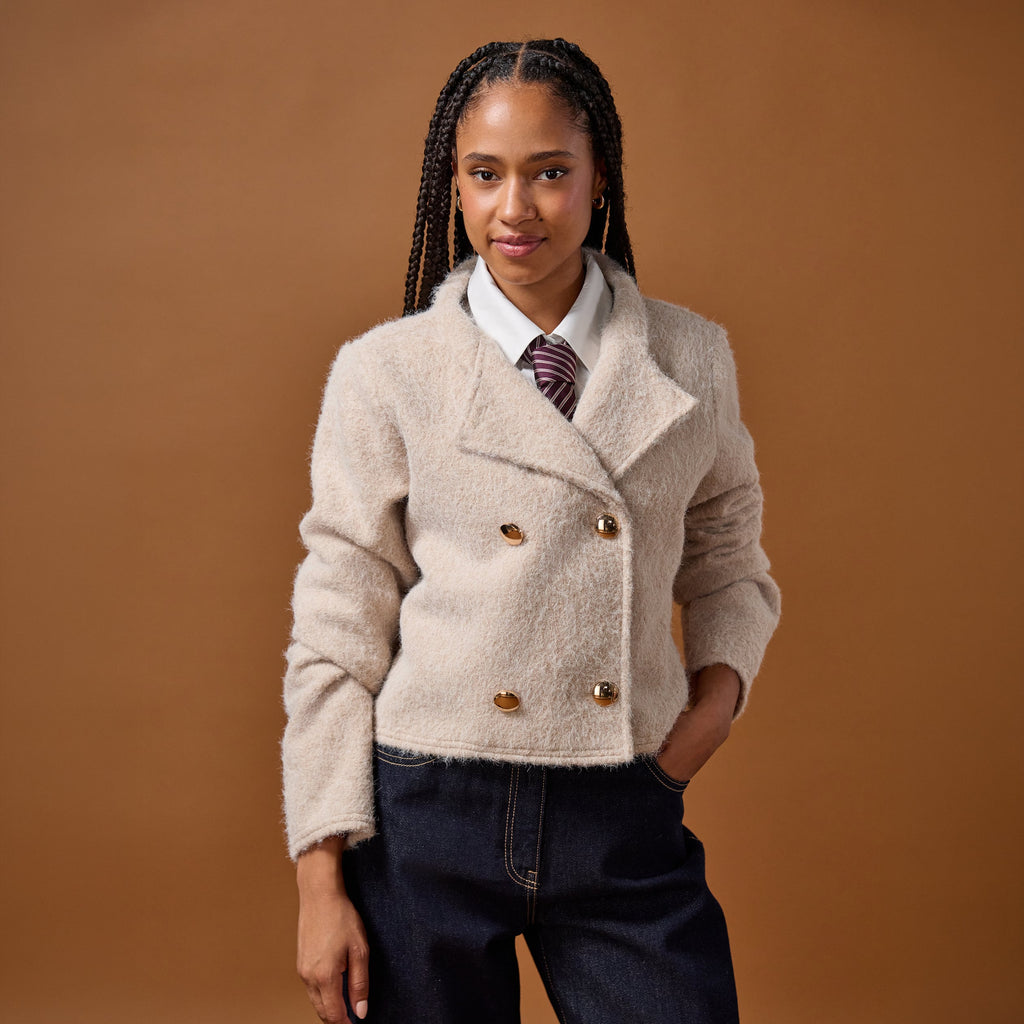 Straight Cut Cropped Fleece-Effect Jacket in Ivory, view 1